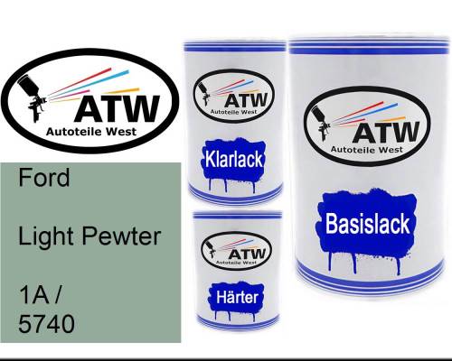 Ford, Light Pewter, 1A / 5740: 500ml Lackdose + 500ml Klarlack + 250ml Härter - Set, von ATW Autoteile West.